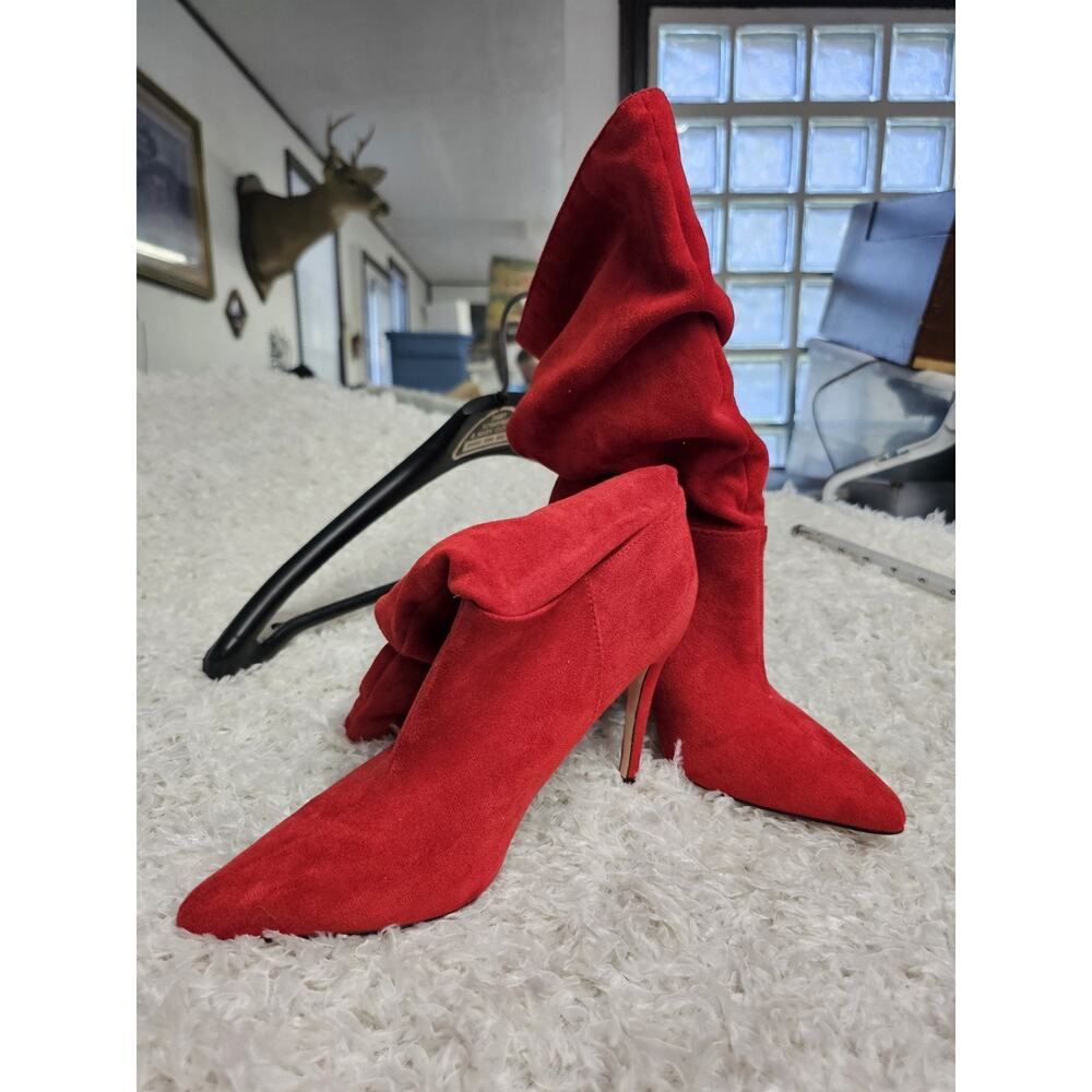 Forever 21 Womens Red Faux Suede Slouch Boots Pointed Toe Stiletto Heel 7
